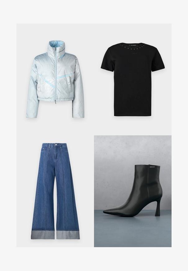 Chaqueta de plumas corta en azul claro con cuello alto, cierre de cremallera, dos bolsillos frontales y detalles de costura en azul contrastante. Textura suave.; Camiseta negra de manga corta con cuello redondo, pequeños tachuelas metálicas a lo largo del cuello y una sutil firma bordada en el pecho.; Jeans de pierna ancha en denim azul medio, con una cintura alta, dos bolsillos frontales y un dobladillo de mezclilla más clara en el bajo.; Botín de cuero negro con punta afilada y un tacón geométrico. Presenta un sutil branding y una textura suave. El fondo tiene baldosas con textura.