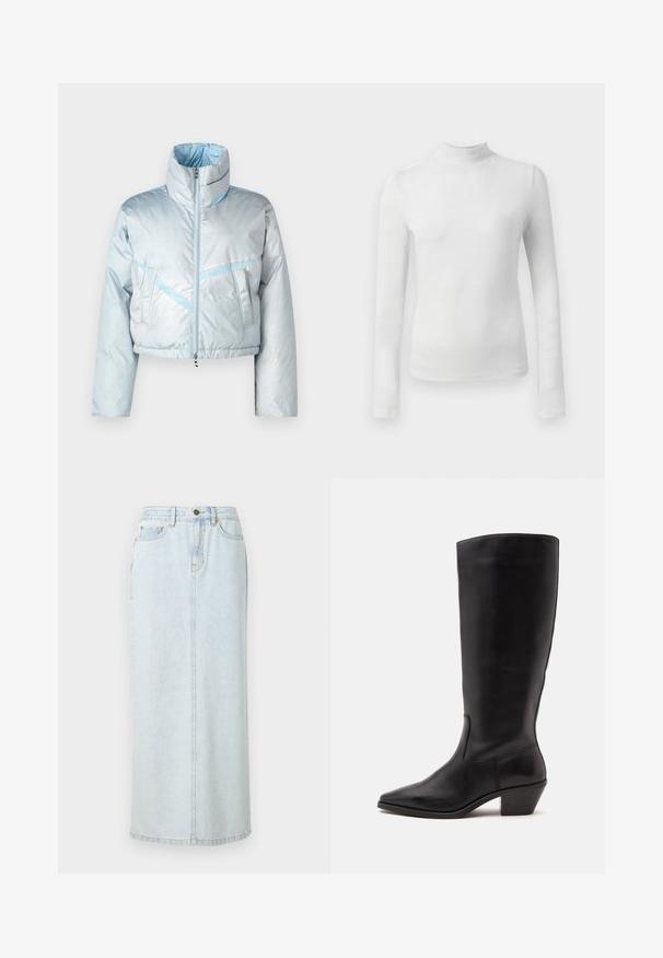 Lysblå cropped pufferjakke med høj krave, lynlås, to forlommer og kontrasterende blå syninger. Glat tekstur.; Hvid langærmet turtleneck top lavet af et struktureret, glitrende materiale. Har en tætsiddende pasform og en høj halsudskæring.; Lyseblå denim maxi-nederdel med lige design, frontknaplukning og synlige syninger. Har to frontlommer.; Sort læderstøvle til midtkalv med spids tå og lavt skråt hæl på en enkel lys baggrund.