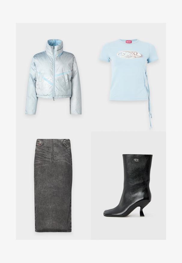 Chaqueta de plumas corta en azul claro con cuello alto, cierre de cremallera, dos bolsillos frontales y detalles de costura en azul contrastante. Textura suave.; Camiseta de manga corta azul claro con cuello redondo, lazos en los laterales y una estampación gráfica que presenta el texto "www.diesel.com" en color plata.; Falda midi de mezclilla gris con rayas verticales, con cintura alta, diseño de cinco bolsillos y dobladillo limpio.; Botín de cuero negro con acabado brillante, puntera cuadrada y diseño único de tacón curvado. Presenta un pequeño detalle metálico con el logo.