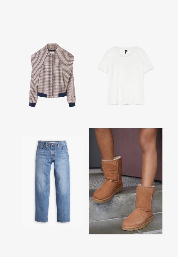 Veste de bombardier à carreaux avec fermeture éclair sur le devant, finitions marines aux poignets et au col. Tissu principal avec un motif crème, rouge et bleu. Texture douce.; T-shirt blanc à manches courtes avec un col rond, fabriqué en tissu léger. Design simple, texture lisse et ourlet droit.; Jeans en denim bleu clair avec une coupe droite, cinq poches et une fermeture éclair. Le tissu a une finition texturée classique avec un léger dégradé.; Bottines en suede marron, à bout rond, avec une doublure douce et une semelle en caoutchouc, présentant des détails de couture visibles le long des coutures.