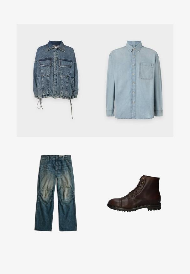 Jeansjacke mit einem kragenförmigen Ausschnitt, zwei Vorderentaschen, elastischem Saum und Ärmelbündchen, in einem verblassten blauen Farbton mit ausgeprägten Nähdetails.; Hellblaue Denim-Hemd mit langen Ärmeln, Knopfleiste und einer einzelnen Brusttasche. Verfügt über einen klassischen Kragen und Standardmanschetten.; Blaue Jeanshose mit verstärkten Knie-Einsatzstücken und Vordertaschen, flach auf weißem Hintergrund präsentiert.; Dunkelbraune Leder Schnürstiefelette mit robustem Gummisohlen und Metallösen, von der Außenseite betrachtet.