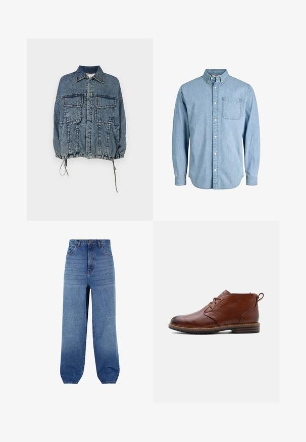 Jeansjakke med krave, to frontlommer, elastisk kant og manchetter, i en falmet blå vask med markante syninger.; Lyseblå denimskjorte med knapper, lange ærmer, krave, brystlomme og subtil tekstur. Har hvide knapper langs knapstolpen.; Lyseblå denimjeans med høj talje, løs pasform og snævre manchetter. Har fem lommer og diskret falmning langs fronten.; Brun læder ankelstøvle med snørelukning foran, lav hæl og trækstrop bagpå, vist fra ydersiden på en ensfarvet baggrund.