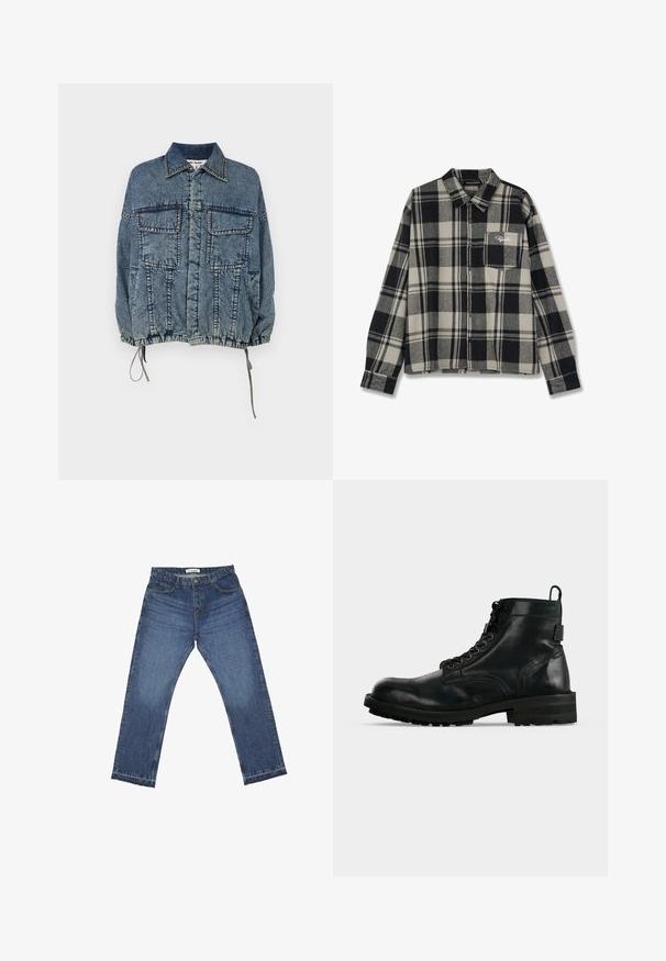Jeansjacke mit einem kragenförmigen Ausschnitt, zwei Vorderentaschen, elastischem Saum und Ärmelbündchen, in einem verblassten blauen Farbton mit ausgeprägten Nähdetails.; Schwarz- und cremefarbener kariierter Flanellhemd mit langen Ärmeln, Knopfleiste, einer einzelnen Brusttasche und dezentem Logo-Stickerei auf der Tasche.; Blaue Straight-Leg-Denim-Jeans mit Knopfverschluss, Vordertaschen und einem weißen Markenlabel am Bund.; Schwarzer Leder-Schnürstiefel mit dicker Sohle und Zuglasche hinten, seitlich auf weißem Hintergrund dargestellt.