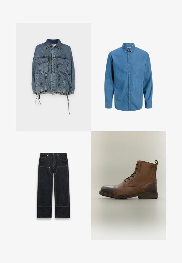 Jeansjakke med krave, to frontlommer, elastisk kant og manchetter, i en falmet blå vask med markante syninger.; Blå skjorte med knapper, lavet af denim, med krave og lange ærmer. Ensartet tekstur med synlige knapper ned ad fronten.; Sorte denimjeans med lige ben, forstærkede knælapper, synlige gule sømme, lommer foran og bagpå samt knaplukning i taljen.; Brun læderstøvle med snørebånd, sort tåhætte, rund sål og mærket detalje på siden mod ensfarvet baggrund.