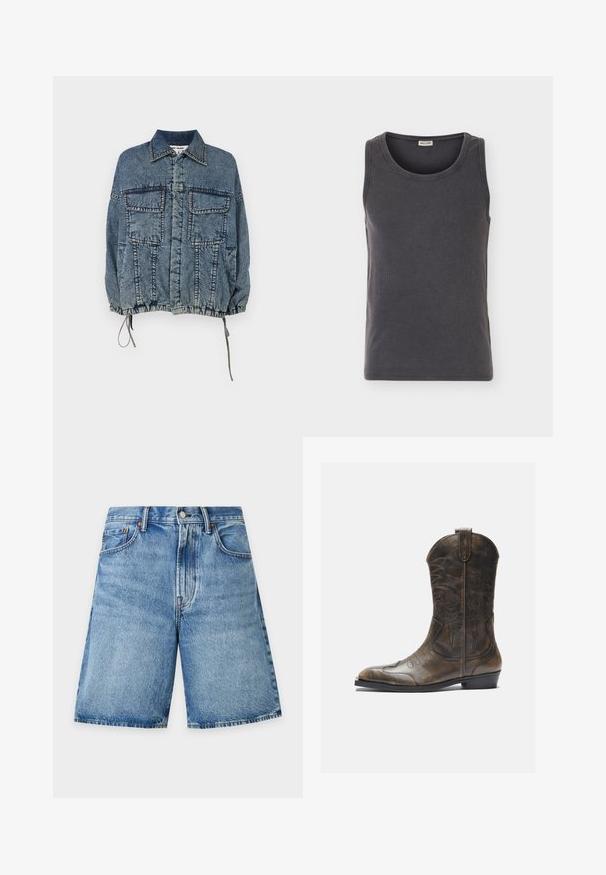 Denim takki, jossa on kauluskäytävä, kaksi etutaskua, elastinen helma ja hihansuut, haalistuneessa sinisessä pesussa, jossa on tarkat ompeluyksityiskohdat.; Tummanharmaa ribbineulottu hihaton toppi pyöreällä pääntiellä, esitettynä litteänä vaalealla taustalla.; Siniset denimshortsit etutaskuilla, vyölenkeillä, nappikiinnityksellä ja haalistuneilla pesudetaljeilla yksivärisellä vaalealla taustalla.; Ruskea nahkainen cowboy-saapas, jossa on korkea varsi, terävä kärki, monimutkaiset ompelukuvioinnit ja pieni korko. Pintakuviointi kauttaaltaan.