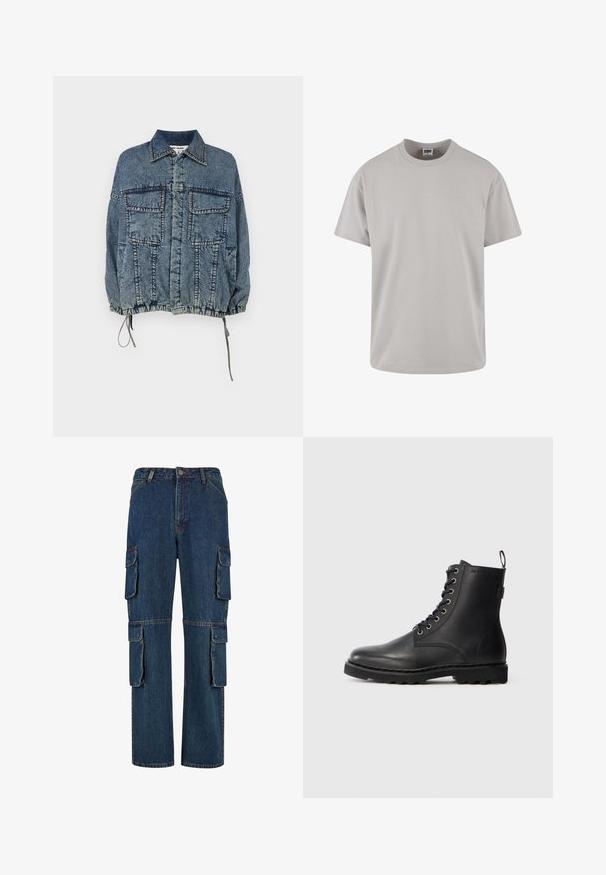 Jeansjacke mit einem kragenförmigen Ausschnitt, zwei Vorderentaschen, elastischem Saum und Ärmelbündchen, in einem verblassten blauen Farbton mit ausgeprägten Nähdetails.; Helles graues Baumwoll-T-Shirt, kurze Ärmel, Rundhalsausschnitt, lockere Passform, glatte Textur, keine Muster oder sichtbaren Grafiken. Sauberes Design.; Dunkelblaue Denim-Cargohosen mit mehreren Seitentaschen, geradem Bein und kontrastierenden Nähten. Strapazierfähiger Stoff mit klassischem Schnitt.; Schwarze Lederstiefelette mit runder Zehenform, Schnürdesign und Metallösen. Verfügt über eine strukturierte Sohle und einen Zuglasche an der Ferse für einfachen Einstieg.