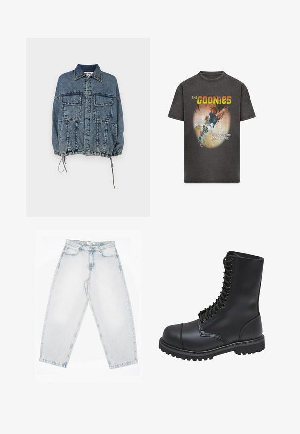 Jeansjacke mit einem kragenförmigen Ausschnitt, zwei Vorderentaschen, elastischem Saum und Ärmelbündchen, in einem verblassten blauen Farbton mit ausgeprägten Nähdetails.; Schwarzes Vintage-T-Shirt mit dem Schriftzug "The Goonies" und einer Illustration von Kindern, die in einer Höhle an einem Seil klettern, mit dem Untertitel "Es ist unsere Zeit hier unten."; Hellblaue Jeans aus Denim mit hoher Taille, geraden, weiten Beinen, Knopf- und Reißverschluss sowie vorderen und hinteren Taschen.; Schwarze Lederkampfstiefel mit hohem Schaft, Schnürung an der Vorderseite, gepolstertem Kragen und rutschfester, strukturierter Sohle für guten Halt. Mit verstärkter Zehenkappe.