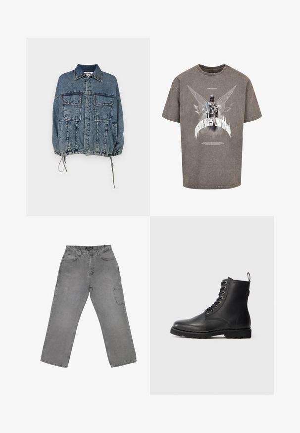 Denim jakk, millel on kraega kaelus, kaks esist askut, elastne hem ja mansetid, pleekinud sinises pesus ning selged õmblusdetailid.; Hallhar värvi oversized T-särk, mis on valmistatud puuvillast, esiküljel on tiibadega kuju ja stiliseeritud tekst.; Hallid denim püksid lõdva lõikega, millel on esine nup closure, mitu taskut ja kerge kulunud tekstuur.; Mustad mustav nahast pahkluu saapad ümmarguse varbaga, nööridega disain ja metallist silmad. Omab tekstureeritud talla ja tõmbeabba kanna juures hõlpsaks selga panemiseks.