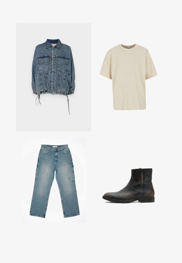 Jeansjakke med krave, to frontlommer, elastisk kant og manchetter, i en falmet blå vask med markante syninger.; Cremefarvet oversized T-shirt med ribbet tekstur, rund halsudskæring og korte ærmer. Har diskret logo-tryk på brystet.; Lyseblå denimbukser med lige pasform, der har en frontlukning med knap, fem lommer og en cargo-lomme på siden.; AllSaints LANG - Støvletter - brown