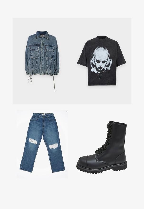 Jeansjacke mit einem kragenförmigen Ausschnitt, zwei Vorderentaschen, elastischem Saum und Ärmelbündchen, in einem verblassten blauen Farbton mit ausgeprägten Nähdetails.; Schwarzes Oversized-T-Shirt mit einem weißen Motiv eines glatzköpfigen Menschen mit dunklen Augen, Lippenstift, Piercings und einer Halskette mit Kreuzanhänger.; Hellblaue Denim-Jeans mit geradem Bein, ausgestattet mit zwei aufgerauhten Knie-Patches und klassischem Fünf-Taschen-Design.; Schwarze Lederkampfstiefel mit hohem Schaft, Schnürung an der Vorderseite, gepolstertem Kragen und rutschfester, strukturierter Sohle für guten Halt. Mit verstärkter Zehenkappe.
