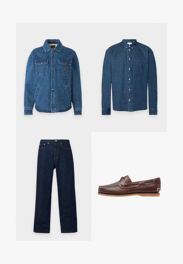 Blauwe denimjack met twee knoopzakken op de borst, zijzakken, een kraag en metalen drukknoopjes aan de voorkant.; Donkerblauw denim overhemd met knopen, lange mouwen, een voorzak aan de linkerkant en een button-down kraag, weergegeven op een witte achtergrond.; Donkerblauwe denim spijkerbroek met rechte pijpen, voorste knoop- en ritssluiting, en vijf zakken, afgebeeld op een effen achtergrond.; Bruine leren bootschoen met witte stiksels, veterdetails en beige rubberen zool, zijaanzicht op een witte achtergrond.