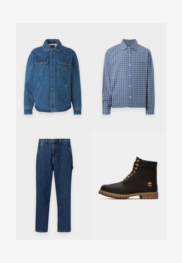 Blauwe denimjack met twee knoopzakken op de borst, zijzakken, een kraag en metalen drukknoopjes aan de voorkant.; Blauw-wit geruit overhemd met lange mouwen, knopen, kraag en borstzakje op een effen lichte achtergrond.; Donkere blauwe denim jeans met rechte pijpen, voorzakken, riemlussen, knoopsluiting en een lusdetail aan de rechterkant.; Zwarte leren enkellaars met gouden oogjes, bruine accenten en een rubberen zool. Heeft een gevoerde kraag en geperst logo aan de zijkant.