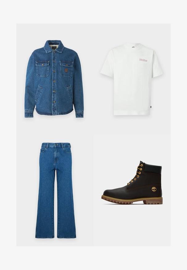 Blauwe denimjack met twee knoopzakken op de borst, zijzakken, een kraag en metalen drukknoopjes aan de voorkant.; Wit katoenen T-shirt met korte mouwen, een ronde hals en een roze logo "Dickies" op de linkerborst. Gladde textuur.; Wijde denim jeans in blauw. Voorzien van een klassieke vijfzakkenontwerp, knoopsluiting en een uitgebleekte textuur. Rechte zoom met subtiele stikdetails.; Zwarte leren enkellaars met gouden oogjes, bruine accenten en een rubberen zool. Heeft een gevoerde kraag en geperst logo aan de zijkant.