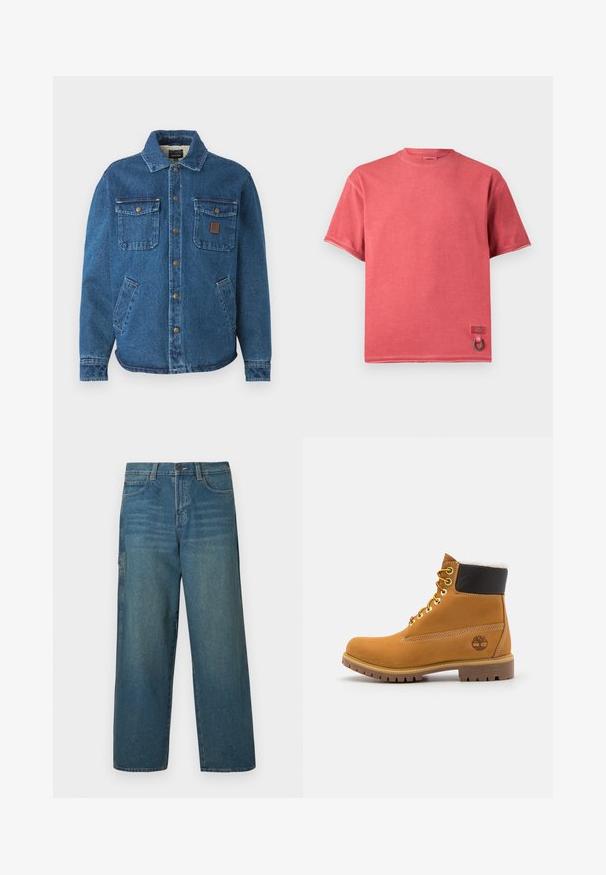 Blauwe denimjack met twee knoopzakken op de borst, zijzakken, een kraag en metalen drukknoopjes aan de voorkant.; Rood verkleurd T-shirt met korte mouwen, ronde hals, klein merkdetail en metalen ring bij de zoom.; Denim jeans in middelblauw met een losse pasvorm, rechte pijpen en een klassiek ontwerp met vijf zakken. Voorzien van riemlussen en een knoopsluiting.; Bruine leren enkellaars met metalen oogjes, witte faux bont voering, zwarte gewatteerde kraag, robuuste zool en een reliëflogo aan de zijkant.