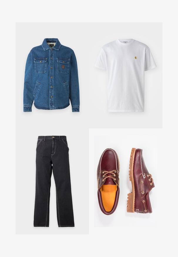 Blauwe denimjack met twee knoopzakken op de borst, zijzakken, een kraag en metalen drukknoopjes aan de voorkant.; Witte katoenen t-shirt met korte mouwen en ronde hals, voorzien van een klein gouden logo op de linkerkant van de borst. Zachte textuur en een normale pasvorm.; Zwarte jeans met rechte pijpen, voorzakken, riemlussen en zichtbare witte stiksels op een effen lichtgrijze achtergrond.; Bordeaux leren schoenen met bruine rubberen zolen, ronde neus, witte stiksels en gouden veterogen. Het interieur heeft een gele voering.