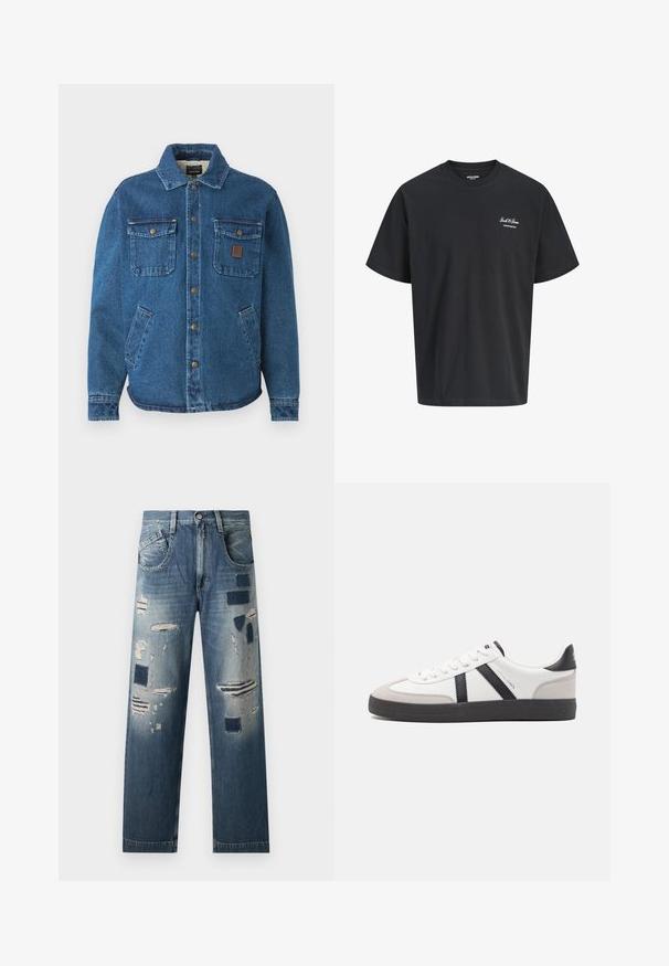 Blauwe denimjack met twee knoopzakken op de borst, zijzakken, een kraag en metalen drukknoopjes aan de voorkant.; Zwart T-shirt met korte mouwen, ronde hals en klein wit "Jack & Jones Archive Selection"-logo op de linkerborst.; Denim jeans met versleten patches en verschillende tinten blauw, met een rechte pijp en een traditionele vijf-pocketontwerp.; Witte sneaker met zwarte en grijze accenten, voorzien van een grijze neus met textuur, zwarte rubberen zool en platte witte veters. Schoon ontwerp, minimalistische stijl.
