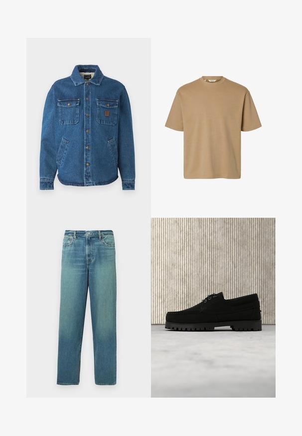 Blauwe denimjack met twee knoopzakken op de borst, zijzakken, een kraag en metalen drukknoopjes aan de voorkant.; Tan-kleurig T-shirt met korte mouwen en een ronde hals, met een losse pasvorm en een eenvoudig ontwerp, getoond op een witte achtergrond.; Spijkerbroek, lichtblauw met een vervaagde uitstraling, recht model, standaard vijf-pocket indeling, messing knoop en ritssluiting.; Zwarte veterlaars met dikke geribbelde zool zwevend boven beige tapijt, bruine moderne ronde tafel in zacht verlichte kamer op de achtergrond.