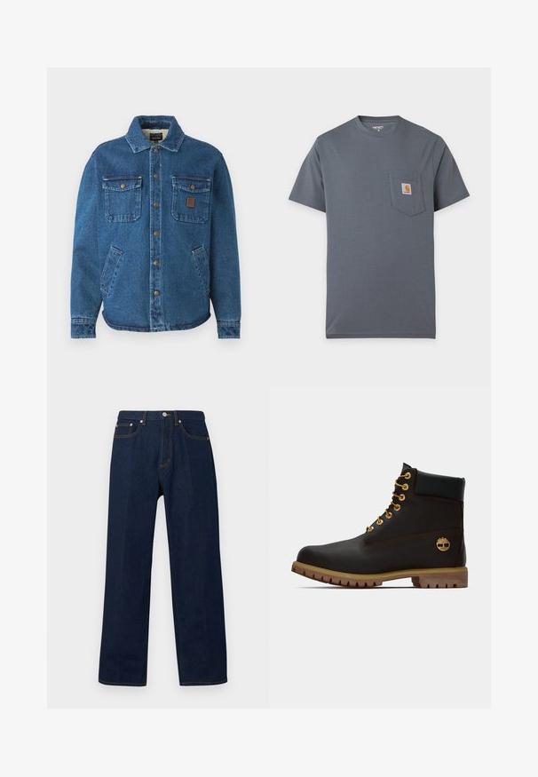 Blauwe denimjack met twee knoopzakken op de borst, zijzakken, een kraag en metalen drukknoopjes aan de voorkant.; Grijs T-shirt met korte mouwen en een voorzak met een klein vierkant Carhartt-logo op de borst.; Donkerblauwe denim spijkerbroek met rechte pijpen, voorste knoop- en ritssluiting, en vijf zakken, afgebeeld op een effen achtergrond.; Zwarte leren enkellaars met gouden oogjes, bruine accenten en een rubberen zool. Heeft een gevoerde kraag en geperst logo aan de zijkant.