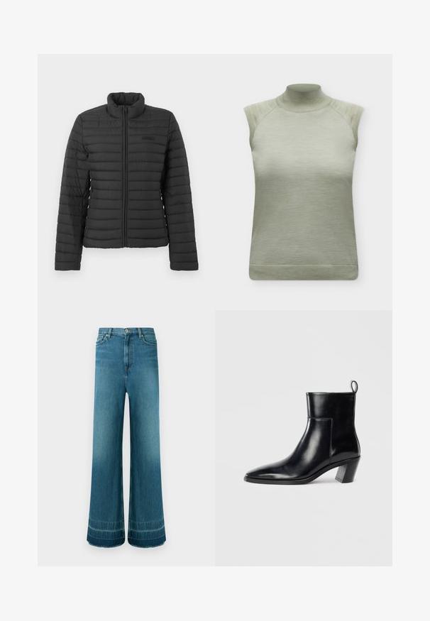 Veste matelassée noire avec manches longues, col montant et fermeture éclair sur le devant, présentée sur un fond clair et uni.; Haut tricoté sans manches vert clair avec col montant et bordures côtelées aux épaules et à l'ourlet.; Jean denim bleu taille haute à jambes larges, cinq poches, fermeture à boutons et légère décoloration près des ourlets.; Bottine en cuir noir avec un bout pointu, un talon empilé géométrique et une languette à l'arrière. Texture lisse et design épuré.