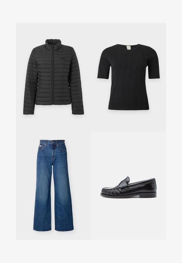 Veste matelassée noire avec manches longues, col montant et fermeture éclair sur le devant, présentée sur un fond clair et uni.; Haut Calvin Klein noir à manches courtes côtelées, col rond et logo discret brodé sur la poitrine, sur un fond uni.; Jeans en denim bleu à jambes larges avec taille haute, bouton frontal, fermeture éclair et design à cinq poches sur un fond uni.; Mocassins en cuir noir avec un bout arrondi, une couture distinctive et une bride décorative sur le cou-de-pied. Finition lisse et talon bas.