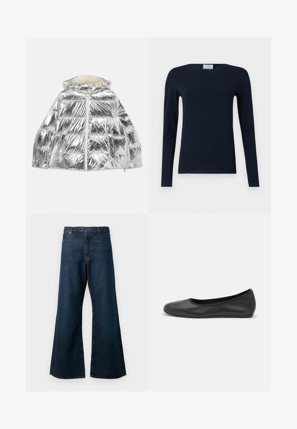 Silberner metallischer Pufferjacke mit Kapuze, Front-Reißverschluss und Lammfell-Futter, flach auf einem weißen Hintergrund präsentiert.; Marineblaues Langarm-T-Shirt aus weicher Baumwolle. Verfügt über einen runden Hals, Slim-Fit-Schnitt und einen regulären Saum ohne sichtbare Muster oder Akzente.; Dunkelblaue weit geschnittene Jeans aus Denim, mit hoher Taille, Fünf-Taschen-Design und kontrastierenden orangefarbigen Nähten entlang der Nähte.; Schwarze Leder-Ballettschuhe mit abgerundeter Spitze, glatter Textur, minimalen Nähdetails und einem flexiblen Sohlen-Design.