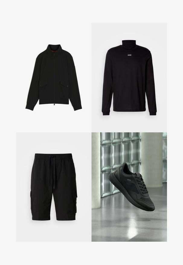 Sort lynlåsjakke med opretstående krave, klaplommer med knapper, ribstrikkede ærmeafslutninger og kant, vist på hvid baggrund.; Sort langærmet turtleneck skjorte lavet af glat stof, med et hvidt "HUGO" logo på brystet, samt tætsiddende manchetter og kant.; Sorte cargo shorts lavet af letvægtsstof, med elastisk talje, snor og sidelommer til ekstra opbevaring.; Sort BOSS sneaker med mesh og læderdetaljer, svævende over en poleret gulv mod vægge af glasblokke.