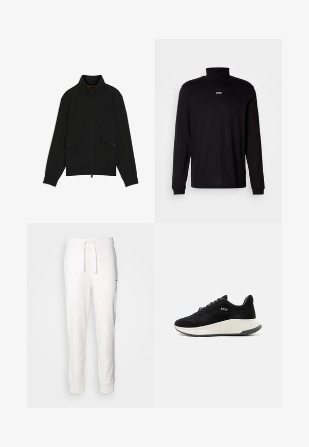 Chaqueta negra con cremallera y cuello alto, bolsillos con solapa y botones, puños y dobladillo acanalados, mostrada sobre fondo blanco.; Camisa de cuello alto negra de manga larga hecha de un tejido suave, con el logo blanco "HUGO" en el pecho, con puños y dobladillo ajustados.; Pantalones de chándal blancos de algodón con cintura elástica, cordón ajustable y puños acanalados. Presentan un pequeño logo negro en el lateral.; Zapatilla negra de perfil bajo con suela blanca texturizada y el logo "BOSS" en el lateral, vista desde el lado exterior sobre un fondo liso.