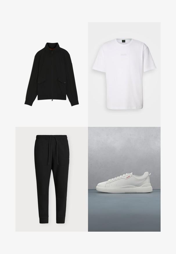 Zwarte jas met ritssluiting en opstaande kraag, klepzakken met knopen, geribbelde manchetten en zoom, getoond op een witte achtergrond.; Witte katoenen T-shirt met korte mouwen, ronde halslijn en reliëf 'BOSS' logo op de borst. Veilig textuur, standaard pasvorm.; Zwarte joggingbroek met een elastische tailleband, trekkoord, boorden aan de enkels en een relaxte pasvorm, getoond tegen een effen achtergrond.; Witte sneaker met een gladde leren afwerking, ronde neus, vier veterogen, subtiele perforaties en een rood logo detail aan de zijkant.