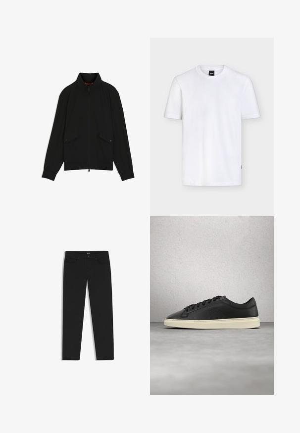 Sort lynlåsjakke med opretstående krave, klaplommer med knapper, ribstrikkede ærmeafslutninger og kant, vist på hvid baggrund.; Enkelt hvid T-shirt med korte ærmer og rund halsudskæring, med et lille sort mærke ved kraven og subtil tekstur i stoffet.; Sorte denim jeans i slim fit med forlommer, knap- og lynlåslukning samt et mærket taljebånd fra BOSS.; Sorte lædersneakers med rund tå, flade snørebånd og en cremefarvet gummisål, med diskret mærkning og en glat tekstur.