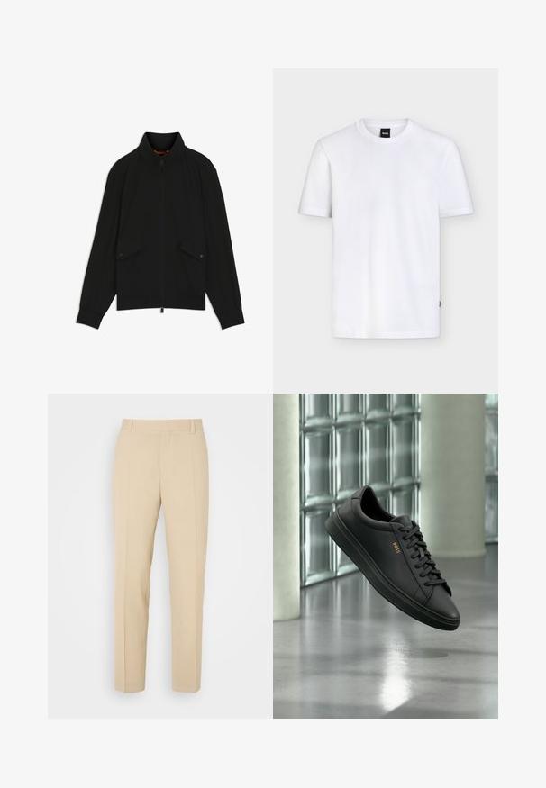 Zwarte jas met ritssluiting en opstaande kraag, klepzakken met knopen, geribbelde manchetten en zoom, getoond op een witte achtergrond.; Effen wit T-shirt met korte mouwen en ronde hals, met een klein zwart merklabel aan de kraag en subtiele textuur in de stof.; Beige op maat gemaakte broek met een recht gesneden ontwerp, gemaakt van lichtgewicht stof, met twee voorzakken en nette, geplooide vouwen.; Zwarte lage leren sneaker met zwarte veters en gouden BOSS-logo aan de zijkant, zwevend boven glanzende grijze vloer in een moderne binnenruimte.