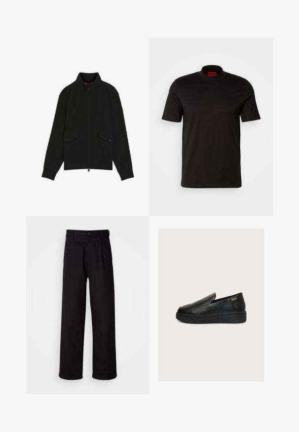 Schwarze Reißverschlussjacke mit Stehkragen, Pattentaschen mit Knöpfen, gerippten Bündchen und Saum, dargestellt vor weißem Hintergrund.; Schwarzes T-Shirt mit kurzen Ärmeln und hohem Kragen. Hergestellt aus glattem Stoff. Verfügt über ein rotes Markenlabel am inneren Kragen.; Schwarze Hosen aus glattem Stoff, mit geradem Bein, vornehme Falten und einem einzigen Knopfverschluss an der Taille.; Schwarzer Leder-Slipper mit dicker Sohle und kleinem goldenem "HUGO"-Logo nahe der Ferse auf hellem Hintergrund.