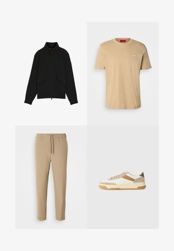 Schwarze Reißverschlussjacke mit Stehkragen, Pattentaschen mit Knöpfen, gerippten Bündchen und Saum, dargestellt vor weißem Hintergrund.; Beige Baumwoll-T-Shirt mit Rundhalsausschnitt, kurzen Ärmeln und einem kleinen weißen "HUGO"-Logo auf der Brust. Glatte Textur ohne Muster.; Beige, taillierte Hose mit elastischem Bund und Kordelzug. Glattes Material mit einem schlichten Design ohne sichtbare Muster oder Hardware.; Sneaker in Beige, Creme und Olivgrün, aus Wildleder und Leder, mit runder Zehenpartie, minimalistischem Design und Gummisohle.