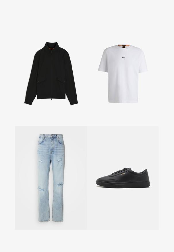 Zwarte jas met ritssluiting en opstaande kraag, klepzakken met knopen, geribbelde manchetten en zoom, getoond op een witte achtergrond.; Witte katoenen T-shirt met korte mouwen, voorzien van een zwart "BOSS"-logo in het midden van de borst en een ronde halsontwerp.; Licht gewassen denim jeans met een ontspannen pasvorm, voorzien van versleten plekken en rafelige randen. De stof heeft een zachte, gladde textuur.; Zwarte leren sneakers met een gladde textuur, ronde neus, platte rubberen zool en tonale veters. Kenmerkt zich door de gouden "BOSS" branding aan de zijkant.