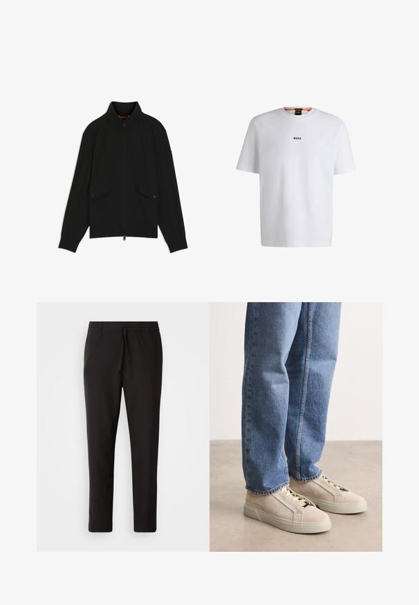 Sort lynlåsjakke med opretstående krave, klaplommer med knapper, ribstrikkede ærmeafslutninger og kant, vist på hvid baggrund.; Hvid bomuld T-shirt med korte ærmer, med et sort "BOSS" logo centreret på brystet og en rund halsudskæring.; Sorte joggebukser lavet af glat stof. Har en elastisk talje med snor, tætsiddende ben og ingen synlige lommer. Enkel design.; BOSS GARYTENN_SDHDEL - Sneakers - natural ten