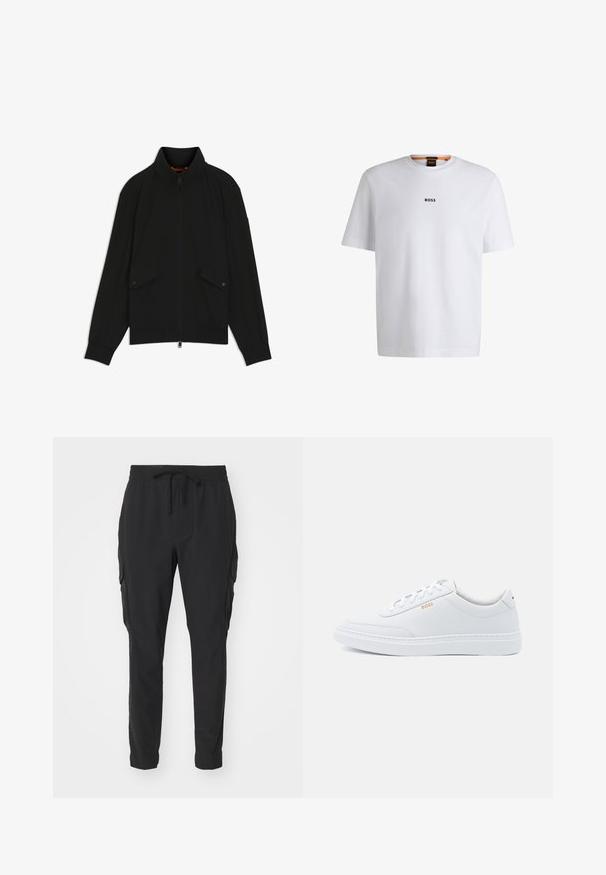 Schwarze Reißverschlussjacke mit Stehkragen, Pattentaschen mit Knöpfen, gerippten Bündchen und Saum, dargestellt vor weißem Hintergrund.; Weißes Baumwoll-T-Shirt mit kurzen Ärmeln, ausgestattet mit einem schwarzen "BOSS"-Logo, das mittig auf der Brust platziert ist, und einem runden Halsausschnitt.; Schwarze Cargo-Hosen aus leichtem Material. Elastischer Bund mit Kordelzug. Eng zulaufendes Beindesign und seitliche Taschen. Glatte Textur.; Weiße Leder-Sneaker mit glatter Textur, runder Zehenpartie und tonal abgestepptem Design. Mit blauen Schnürsenkeln und einem goldenen Logo an der Seite.