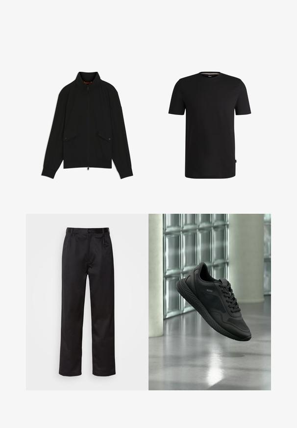 Chaqueta negra con cremallera y cuello alto, bolsillos con solapa y botones, puños y dobladillo acanalados, mostrada sobre fondo blanco.; Camiseta corta negra de algodón suave con cuello redondo. Presenta una sutil etiqueta de la marca en el lado izquierdo cerca del dobladillo.; Pantalones negros de tela suave, con cierre delantero de botón, pliegues y patas rectas. Sin patrones ni acentos visibles.; Zapatilla negra de la marca BOSS con detalles de malla y cuero, flotando sobre un suelo pulido frente a paredes de bloques de vidrio.