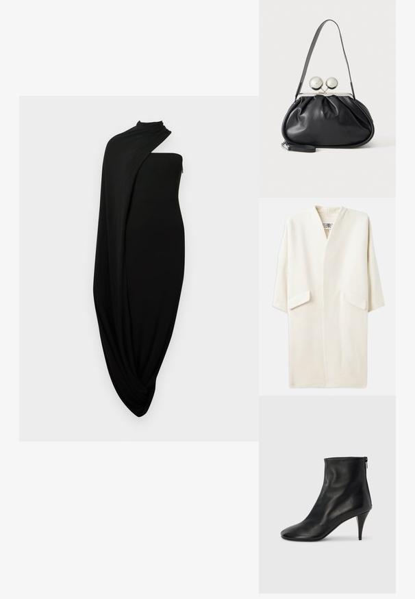 Cremefarvet midilængde frakke med en afslappet pasform, kimono-inspirerede ærmer og to forlommer. Blødt, glat stof, minimalistisk design.; Sort kjole med draperet design, der har en enkelt skulder silhuet og blødt, tekstureret stof, der skaber et flydende udseende.; Sorte ankelstøvler i læder med en glat tekstur, spids tå og en slank stiletthæl. Har en lynlås i siden for nem påklædning.; Sort læderhåndtaske med opsamlet design, en enkelt rem, sølv metalramme og to store runde sølv lukninger.
