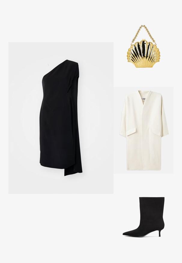 Crème-kleurige middellange jas met een ontspannen pasvorm, kimono-stijl mouwen en twee voorzakken. Zacht, gladde stof, minimalistisch ontwerp.; Zwarte asymmetrische jurk met één schouder, gemaakt van een gladde stof, met een gedrapeerd ontwerp en een zijsplit voor extra detail.; Zwarte suède enkellaars met een spitse neus en een lage kittenhak. Gladde textuur en minimalistisch ontwerp zonder opmerkelijke patronen of accenten.; Gouden metalen handtasje in schelpvorm met een parelmoerhandvat en parelknop op een witte achtergrond.