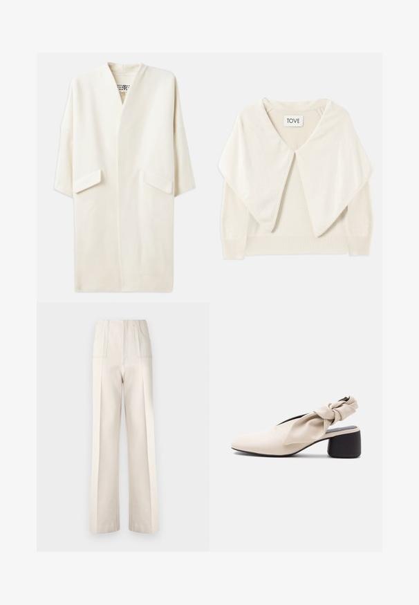 Crème-kleurige middellange jas met een ontspannen pasvorm, kimono-stijl mouwen en twee voorzakken. Zacht, gladde stof, minimalistisch ontwerp.; Crème kleurige gebreide trui met een brede kraag, lange mouwen en geribbelde zoom. Zachte textuur en minimalistisch ontwerp. Etiket zegt "TOVE."; Beige wijde broekspijpen met een hoge taille, twee voorkruiken en zichtbare stikseldetails. Gemaakt van een soepele, lichte stof.; Beige dames schoen met lage hak, puntige neus en een gedraaide band detail over de wreef en de hiel.