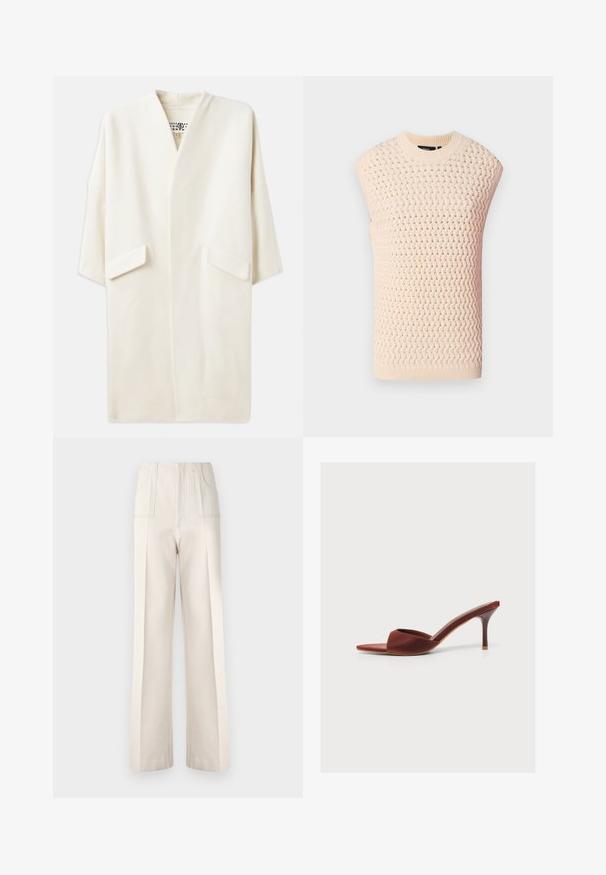 Kreemjas toonis keskmise pikkusega jakk, lõdva lõikega, kimono stiilis varrukatega ja kahe eesoleva taskuga. Pehme, sile kangas, minimalistlik disain.; Kootud ilma varrukateta top helebeežis, millel on tekstureeritud kangamuster, ribaga kaelus ja ääred, sirge siluett ja avatud küljed.; Beežid laiad püksid kõrge vööpüksiga, kahe esipocketiga ja nähtavate õmblusteadete detailidega. Valmistatud siledast, kergest kangast.; Pruun, avatud varbaga kõrge kontsaga mule-tüüpi kingad, kitsas kontsaga ja lai rihmaga esiküljel.