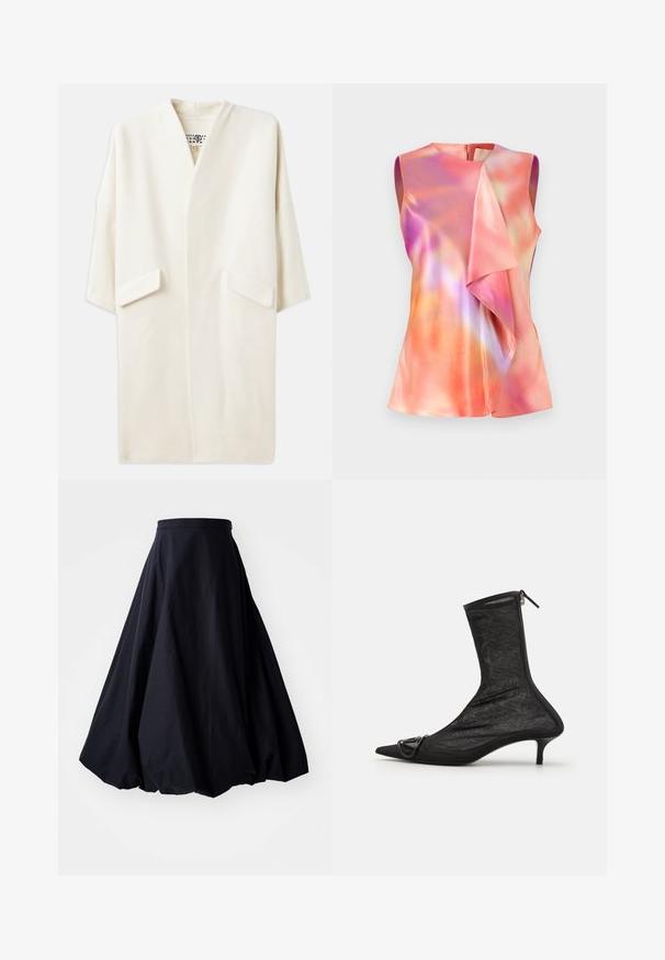 Svetlý krémový kabát strednej dĺžky s uvoľneným strihom, kimono rukávmi a dvoma prednými vreckami. Mäkká, hladká tkanina, minimalistický dizajn.; Top bez rukávov z saténového materiálu, ktorý má farebný abstraktný vzor v odtieňoch ružovej, oranžovej a fialovej, s drapériou vpredu.; By Malene Birger AUBREY - Maxisukňa - black; Čierne sieťované členkové topánky s špicatou špičkou, so zipsom a malým opätkom. Obsahujú ozdobný prackový detail v oblasti špičky.