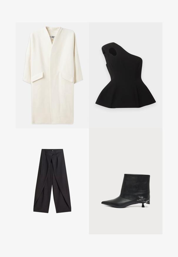 Crème-kleurige middellange jas met een ontspannen pasvorm, kimono-stijl mouwen en twee voorzakken. Zacht, gladde stof, minimalistisch ontwerp.; Zwarte asymmetrische mouwloze top met een uitsnijding bij de schouder en een uitlopende peplum zoom, plat gelegd op een lichte achtergrond.; Zwarte broek met wijde pijpen, overlappende voorpanelen en twee knopen aan de tailleband, plat weergegeven op een witte achtergrond.; Zwarte leren enkellaars met puntige neus, korte kitten heel en zilveren schrift-detail nabij de hiel.