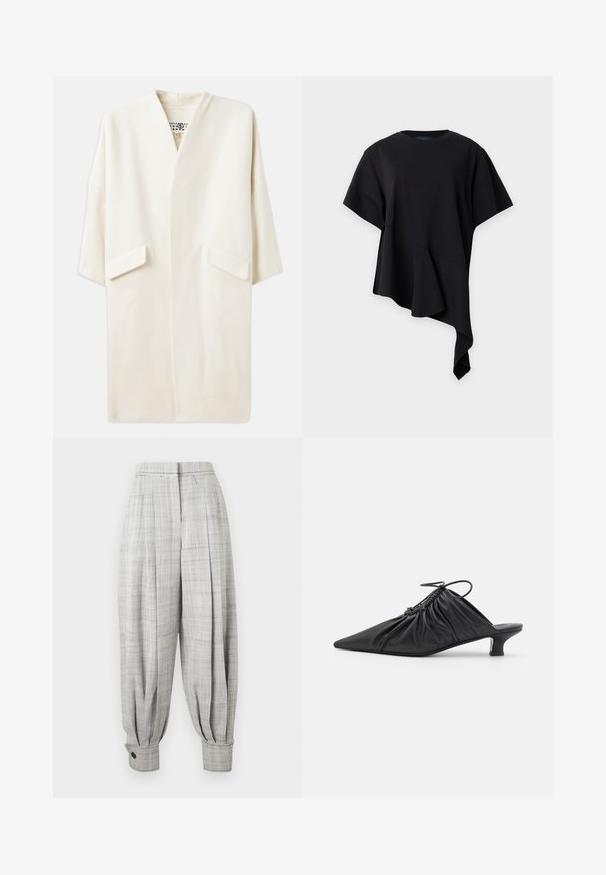 Crème-kleurige middellange jas met een ontspannen pasvorm, kimono-stijl mouwen en twee voorzakken. Zacht, gladde stof, minimalistisch ontwerp.; Zwarte top met korte mouwen, ronde hals en een asymmetrische zoom met een gedrapeerd, spits detail aan één kant.; Lichtgrijze, hoge taille taps toelopende broek met subtiel ruitpatroon, geplooide voorkant en knoopsluitingen bij de enkel.; Zwarte leren instappers met een spitse neus, gegatherde textuur en een kleine kittenhiel. Heeft een trekkoorddetail aan de opening.