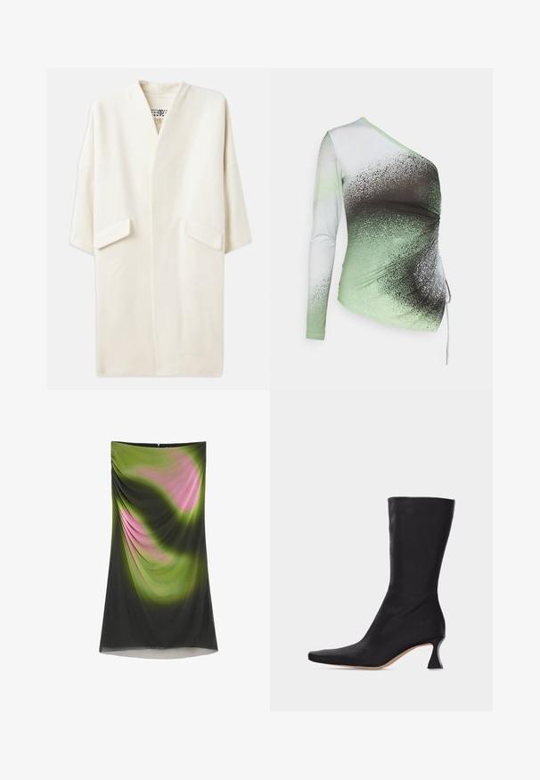 Svetlý krémový kabát strednej dĺžky s uvoľneným strihom, kimono rukávmi a dvoma prednými vreckami. Mäkká, hladká tkanina, minimalistický dizajn.; Elleme ONE SHOULDER - Top s dlhým rukávom - light green/white; Šaty bez ramienok do kolien s drapovanou látkou s abstraktným zeleno-ružovým vzorom prechádzajúcim do čiernej farby na leme.; Čierna kožená čižma do polovice lýtok s špicatou špičkou a zakriveným nízkym podpätkom na jednoliatom svetlom pozadí.