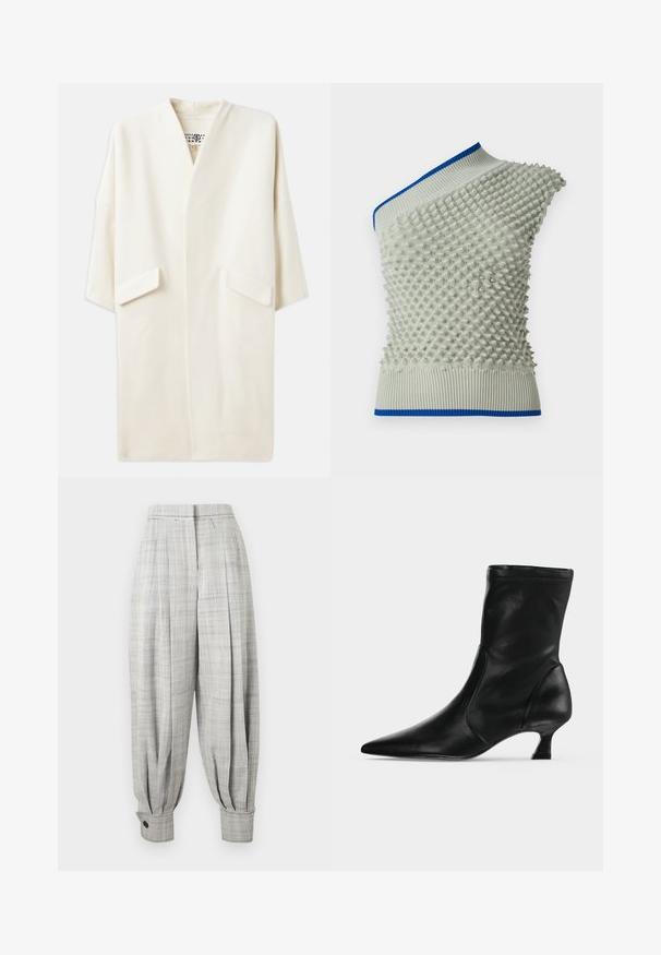 Crème-kleurige middellange jas met een ontspannen pasvorm, kimono-stijl mouwen en twee voorzakken. Zacht, gladde stof, minimalistisch ontwerp.; Asymmetrisch gebreide top in lichtgrijs met een verhoogd textuurpatroon; beschikt over een blauwe ribbelachtige halslijn en zoom. Unieke details versterken het ontwerp.; Lichtgrijze, hoge taille taps toelopende broek met subtiel ruitpatroon, geplooide voorkant en knoopsluitingen bij de enkel.; Zwarte leren midkuitlaars met spitse neus en lage kittenhak, zijaanzicht op een effen lichte achtergrond.