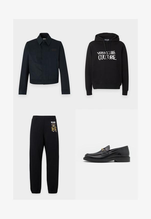 Μαύρο μπουφάν Versace Jeans Couture με μακριά μανίκια, μυτερό γιακά, κρυφό μπροστινό κλείσιμο και λογότυπο στο στήθος στη δεξιά πλευρά.; Μαύρο φούτερ με κουκούλα και μακριά μανίκια, με λευκά γράμματα "Versace Jeans Couture" στο στήθος και κορδόνια στην κουκούλα.; Μαύρη φόρμα με ελαστική μέση, με μια μικρή αρκούδα και λογότυπο "Moschino" στο αριστερό μηρό.; Μαύρες δερμάτινες loafers με στρογγυλή μύτη, διακοσμημένες με χρυσά αξεσουάρ και λεπτομέρειες ραφής, τοποθετημένες σε χαμηλή, υφασμάτινη ελαστική σόλα.
