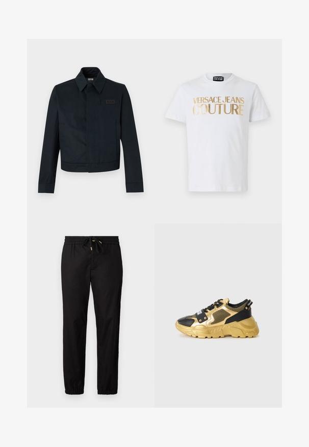 Μαύρο μπουφάν Versace Jeans Couture με μακριά μανίκια, μυτερό γιακά, κρυφό μπροστινό κλείσιμο και λογότυπο στο στήθος στη δεξιά πλευρά.; Λευκό βαμβακερό μπλουζάκι με έντονη χρυσή εκτύπωση "VERSACE JEANS COUTURE" στο μπροστινό μέρος. Στρογγυλή λαιμόκοψη και κοντά μανίκια.; Μαύρο παντελόνι με ελασική ζώνη και κορδόνι. Διαθέτει στενεμένες μπατζάκια με ελαστικές μανσέτες. Λείο, ελαφρύ ύφασμα.; Μαύρα και χρυσά αθλητικά παπούτσια με επάνω από δίχτυ, παχιά σόλα και διακοσμητική μεταλλική λεπτομέρεια. Διαθέτουν εξ prominent λογότυπο στην περιοχή των κορδονιών.
