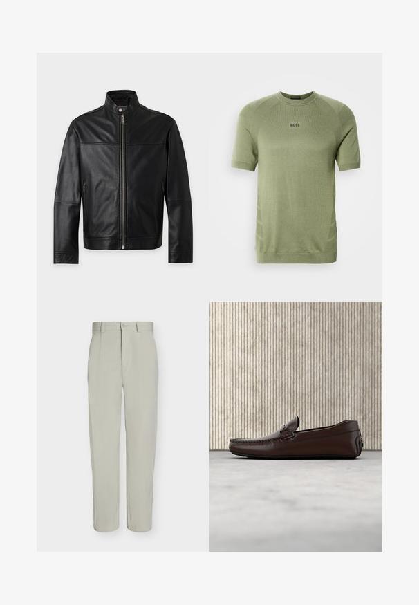 Veste en cuir noire avec col montant, fermeture éclair complète à l'avant, fermeture par bouton-pression et poches latérales zippées, présentée sur un fond uni.; Chemise en maille vert olive à manches courtes avec col ras du cou et logo "BOSS" centré sur la poitrine.; Pantalon beige clair à jambe droite, fermeture à bouton, passants de ceinture et plis sur le devant, présenté sur un fond blanc uni.; Mocassins en cuir marron avec une finition lisse, des coutures de style mocassin, un bout rehaussé et une semelle en caoutchouc basse et flexible.