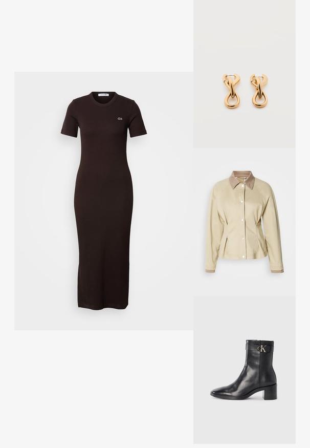 Veste beige avec un col tan contrastant, fermeture à boutons-pression et manches raglan. Présente un design ajusté et une texture lisse.; Robe midi marron foncé, cintrée, à manches courtes, col rond, avec un petit logo brodé sur la partie supérieure gauche de la poitrine.; Botte de cheville en cuir noir avec un bout pointu, un talon carré et une sangle avec un détail de logo métallique. Texture lisse et design minimaliste.; Paire de boucles d'oreilles créoles en bouclettes dorées brillantes sur fond blanc uni, présentant un design torsadé entrelacé.
