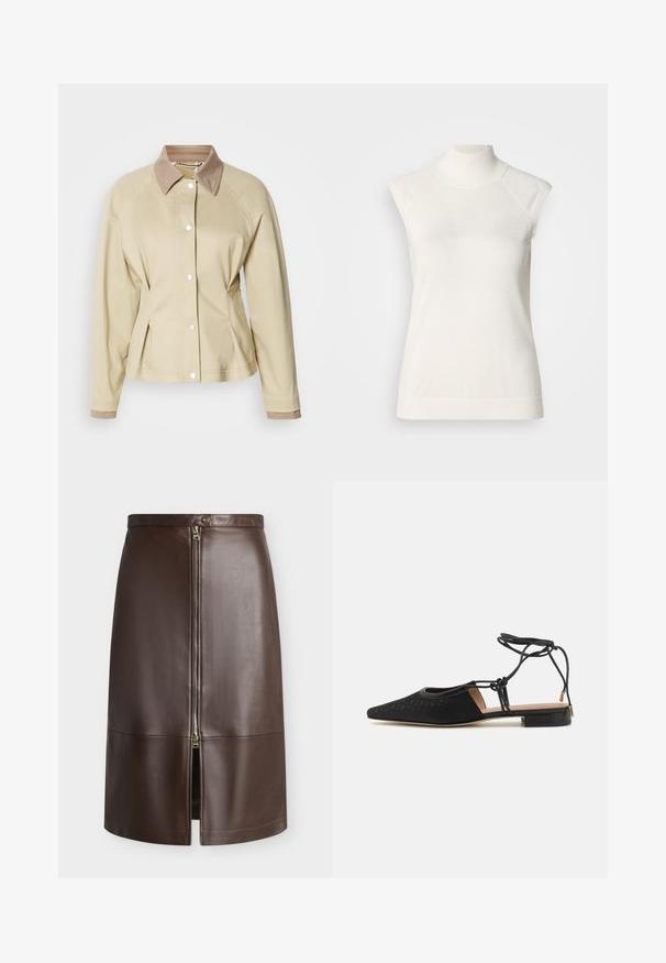 Veste beige avec un col tan contrastant, fermeture à boutons-pression et manches raglan. Présente un design ajusté et une texture lisse.; Haut sans manches à col roulé blanc en matière douce ; présente une coupe ajustée avec un col montant et une texture subtilement côtelée à l'ourlet.; Jupe en cuir marron longueur genou avec fermeture éclair argentée sur le devant et fermeture par bouton à la taille, avec une petite fente à l'avant.; Chaussure plate noire avec un bout pointu, dessus texturé, liens autour de la cheville et un petit talon carré. Présente un motif subtil sur le matériau.